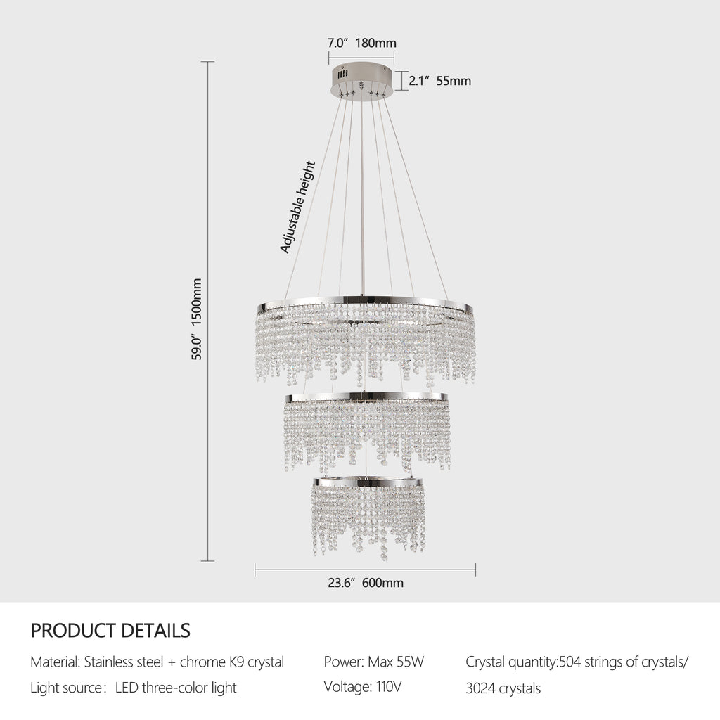 24 In. Round Crystal LED Chandelier, Chrome, Adjustable Color Temp