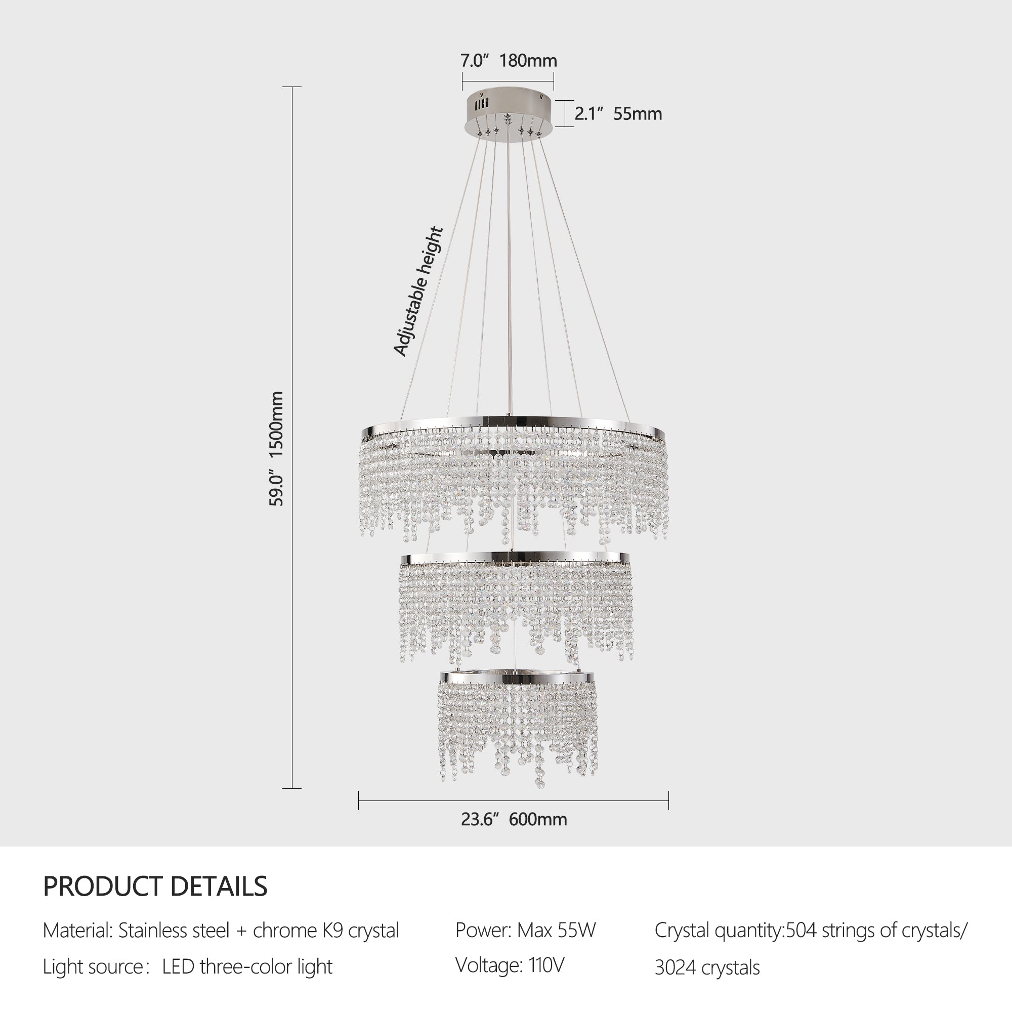 24 In. Round Crystal LED Chandelier, Chrome, Adjustable Color Temp