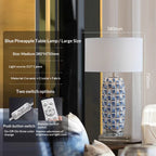 Ceramic Pineapple Table Lamp, Blue and White, Dimmable