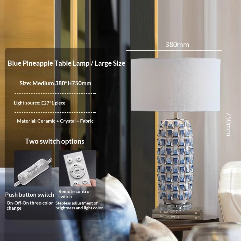 Ceramic Pineapple Table Lamp, Blue and White, Dimmable