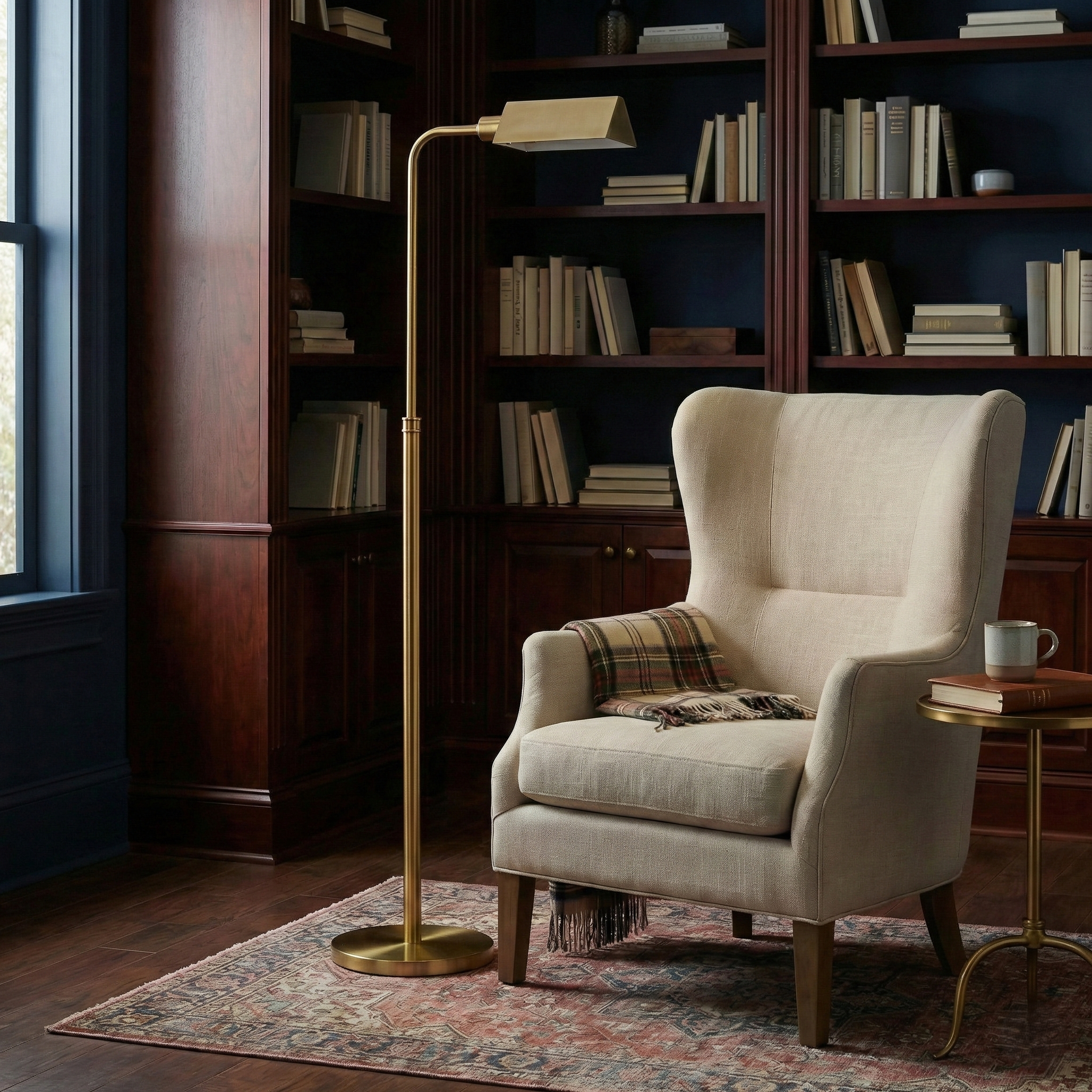 Minimalist Slim Floor Lamp, Contemporary Silhouette, Neutral Fabric Shade, Gold Finish
