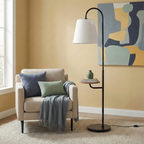 Black Wood Floor Lamp with Table, Rotary Switch, Linen Shade, Metal Base