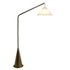 Black Floor Lamp, Coned Base, White Fabric Shade, Antique Brass Finish