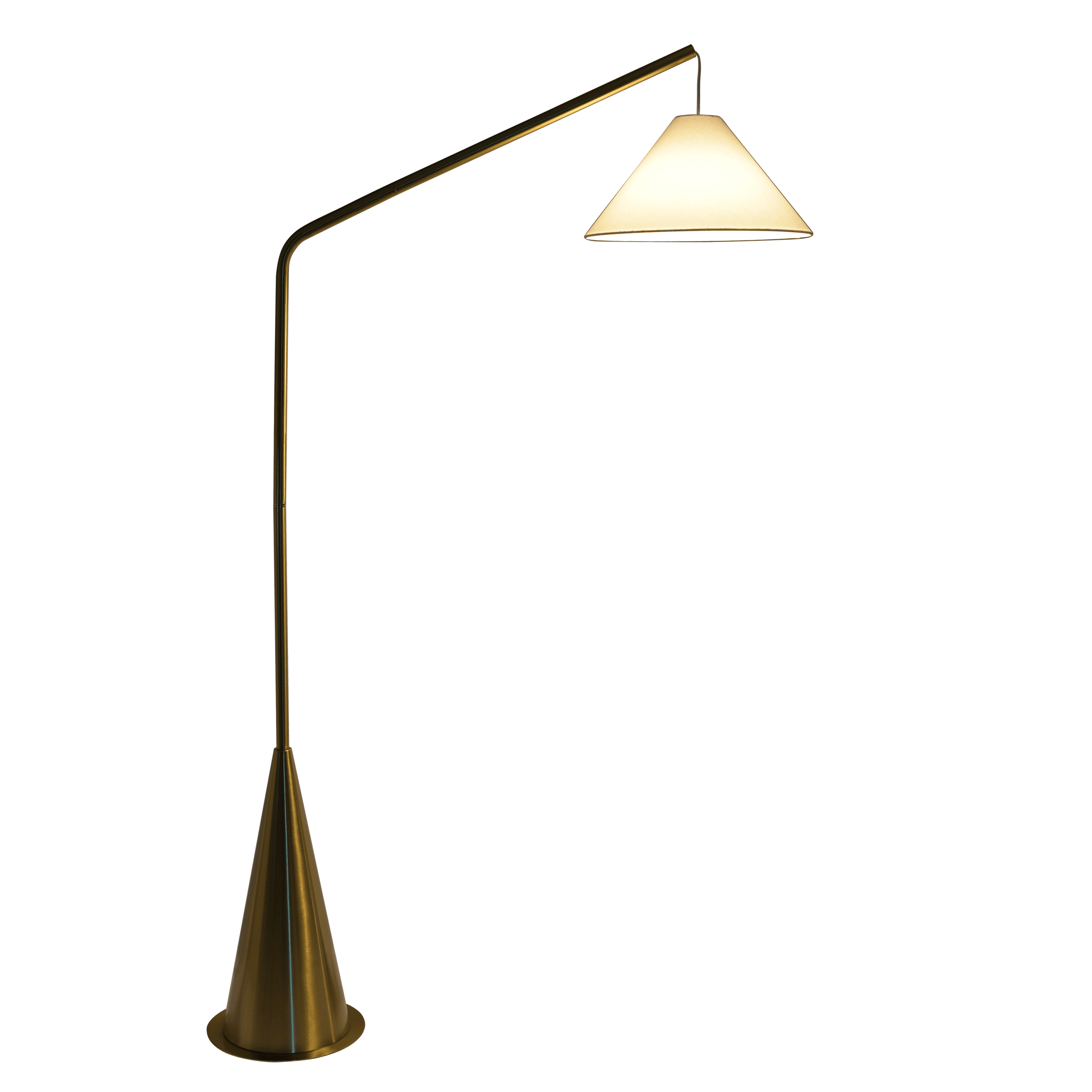 Black Floor Lamp, Coned Base, White Fabric Shade, Antique Brass Finish