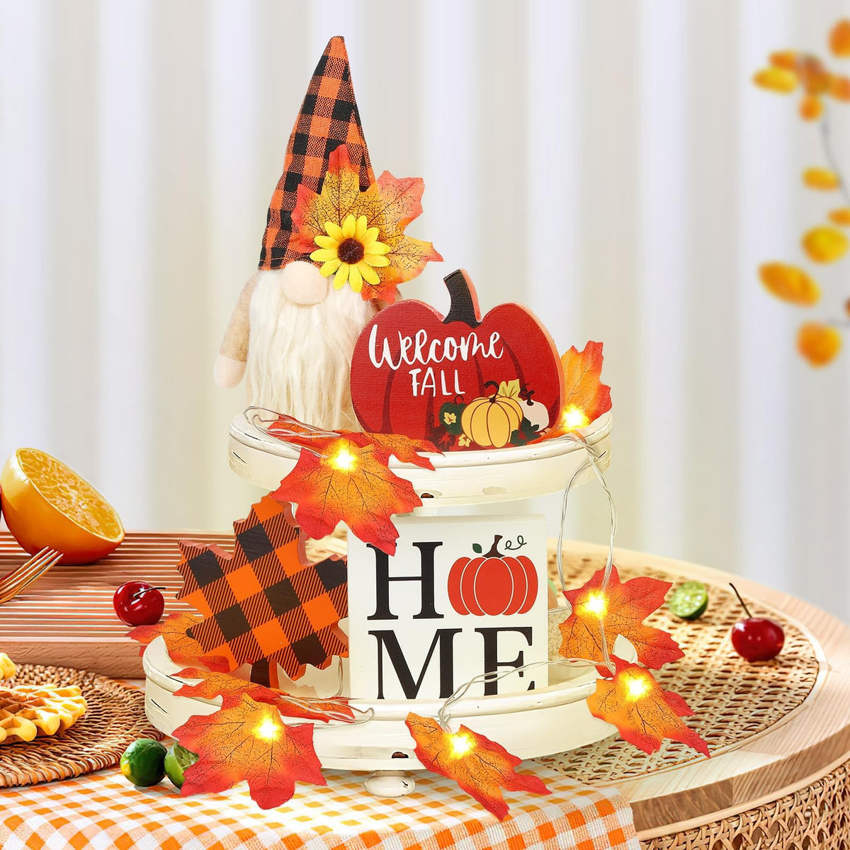 Fall Gnome Tiered Tray Decor Set, Farmhouse Pumpkin and Maple Leaf Accents, Set of 5 for Autumn Table
