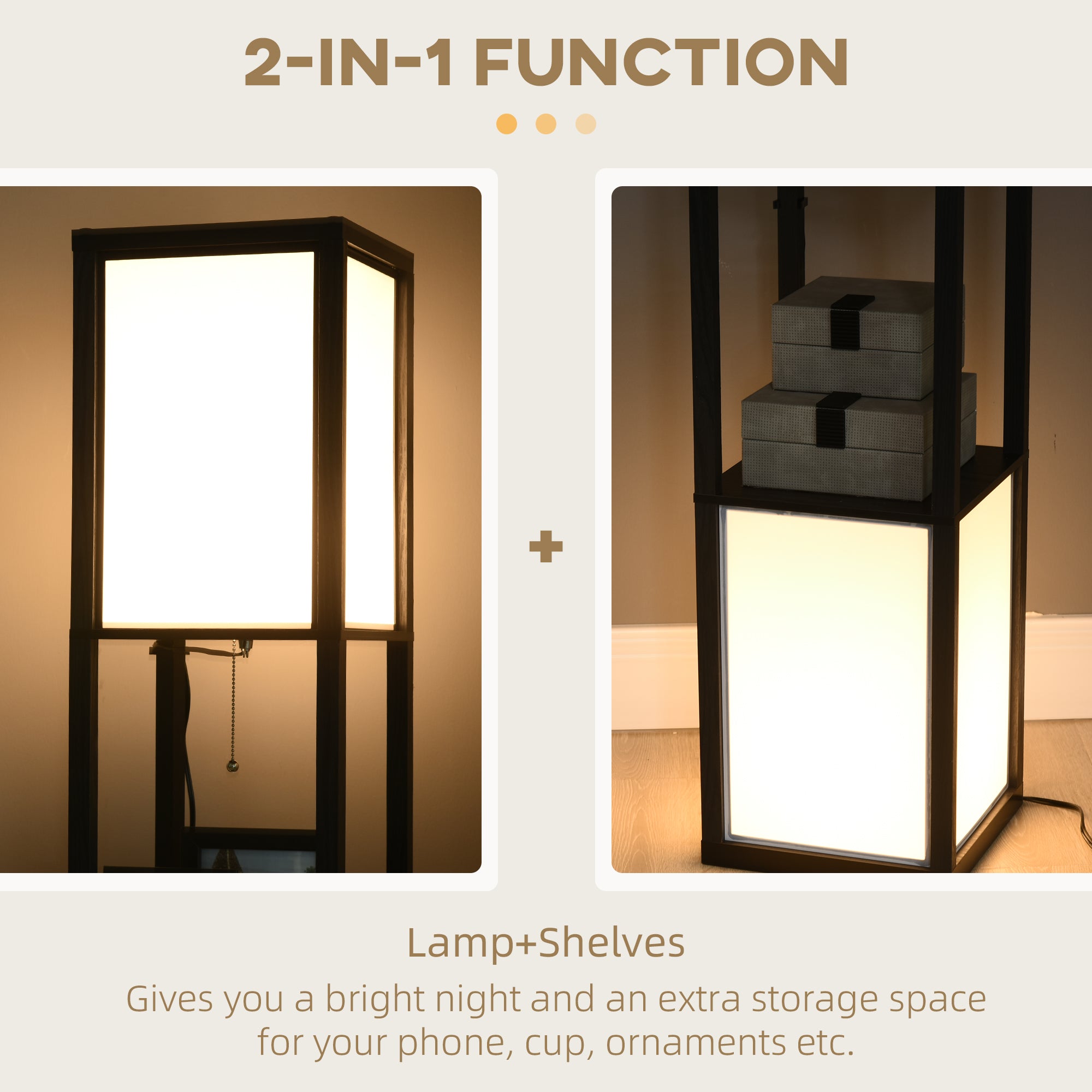 Modern Shelf Floor Lamp, Dual Ambient Light, Built-In Storage, Black Finish