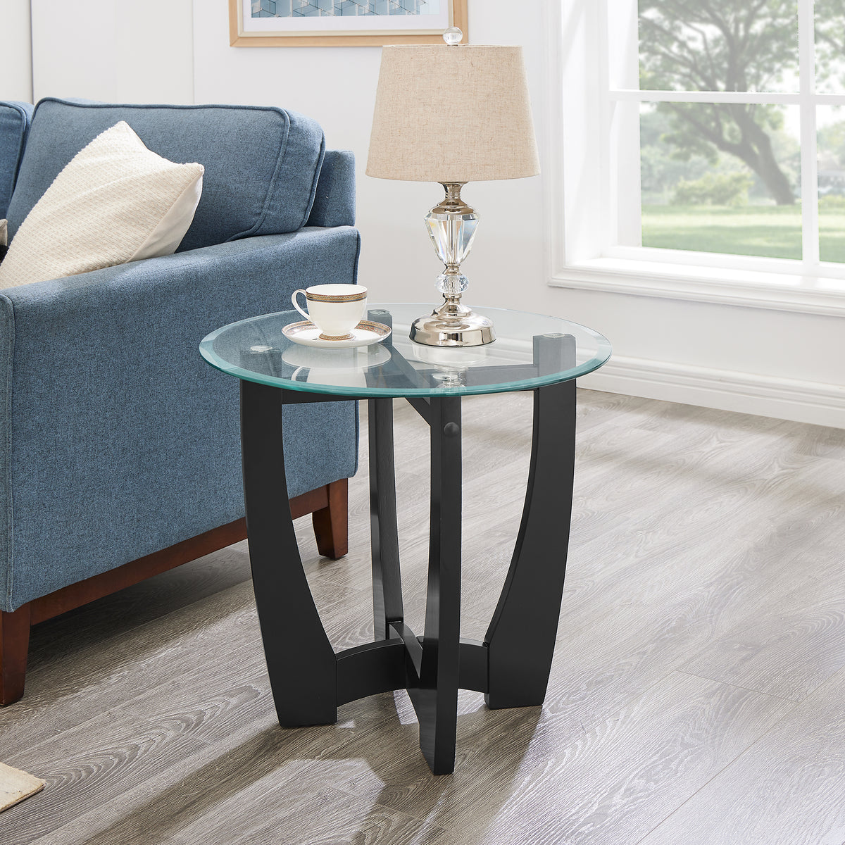 Round Glass Coffee Table with Black Metal Base, 23.5 in