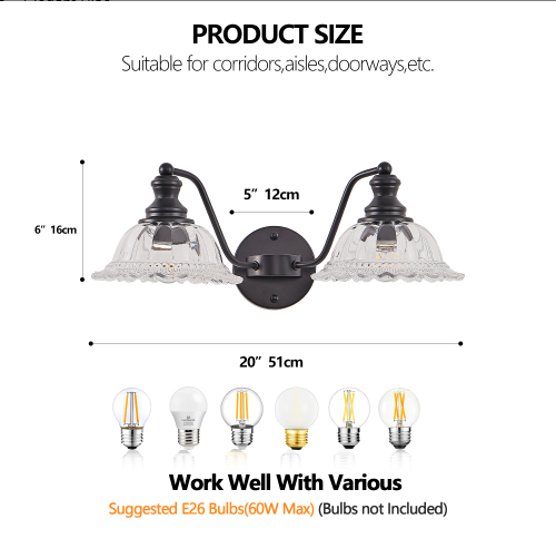 20 Inch 2-Light Vintage Bathroom Wall Sconce - Elegant Black Metal And