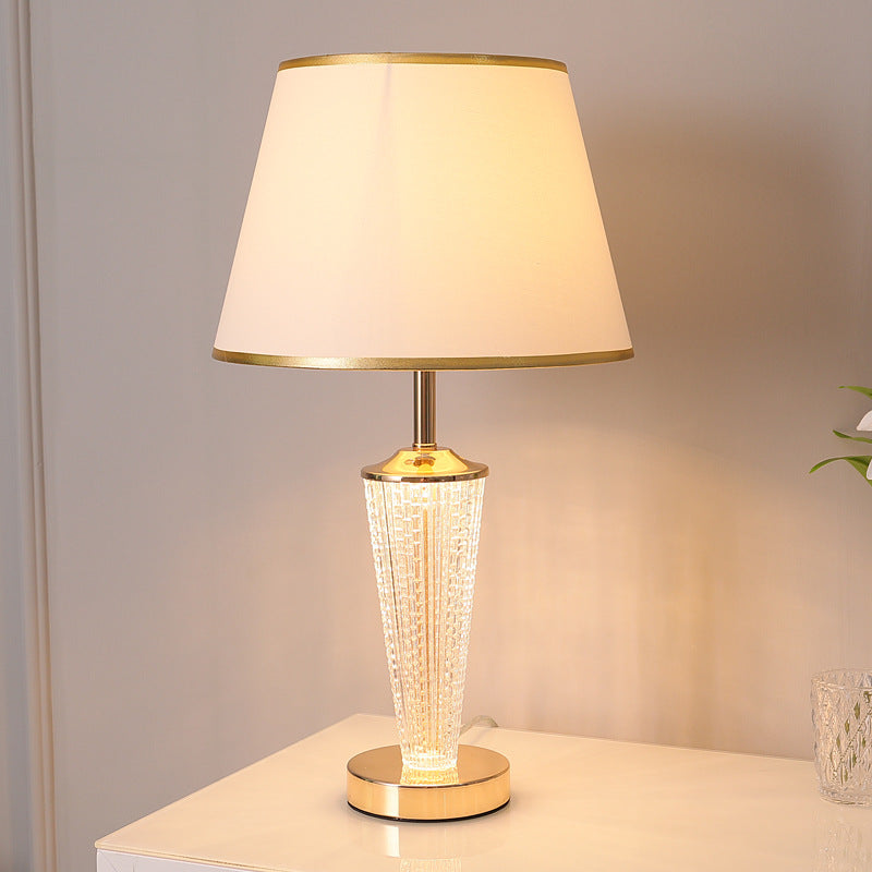 Textured Glass Table Lamp with Lit Base, Gold Trim Shade