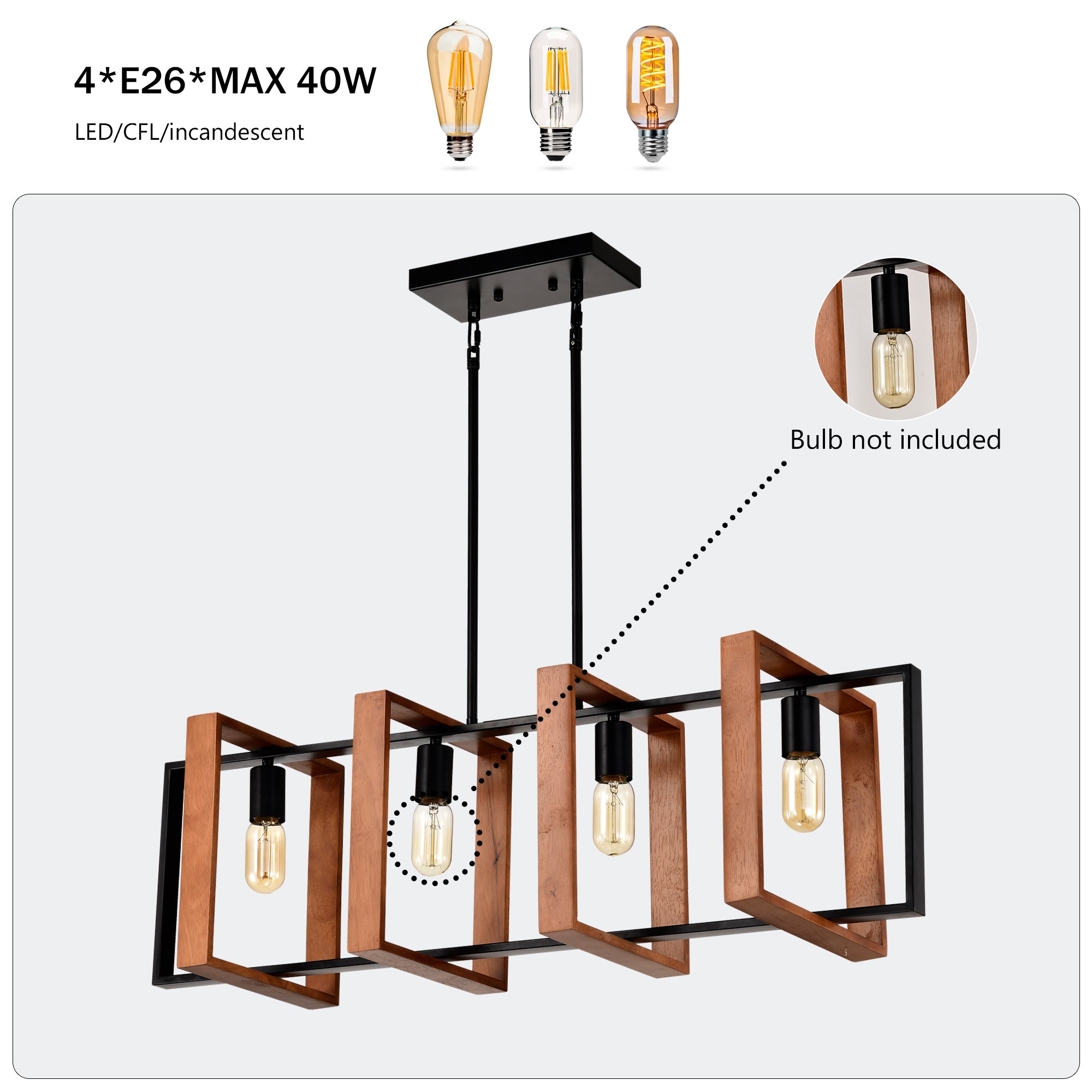 Rustic Wood & Black 4-Light Farmhouse Pendant Light, Kitchen Island Fixture