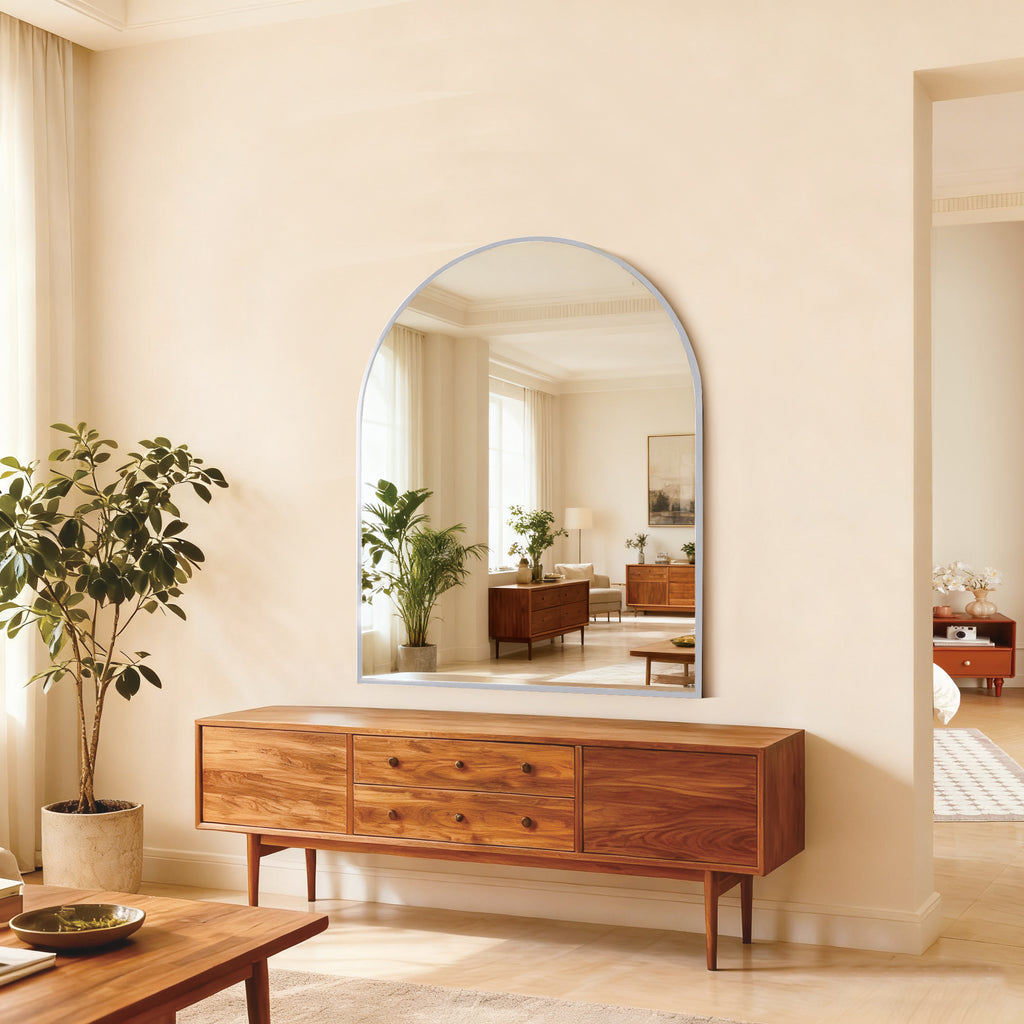 30x36 Inch Silver Metal Framed Arched Bathrrom Mirror For Wall.