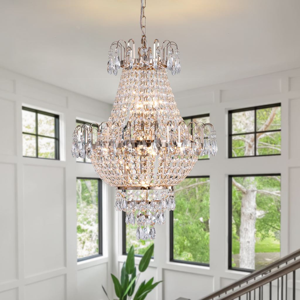 Gold Crystal Chandelier, Iron Frame, 17 In. Wide × 59 In. Tall