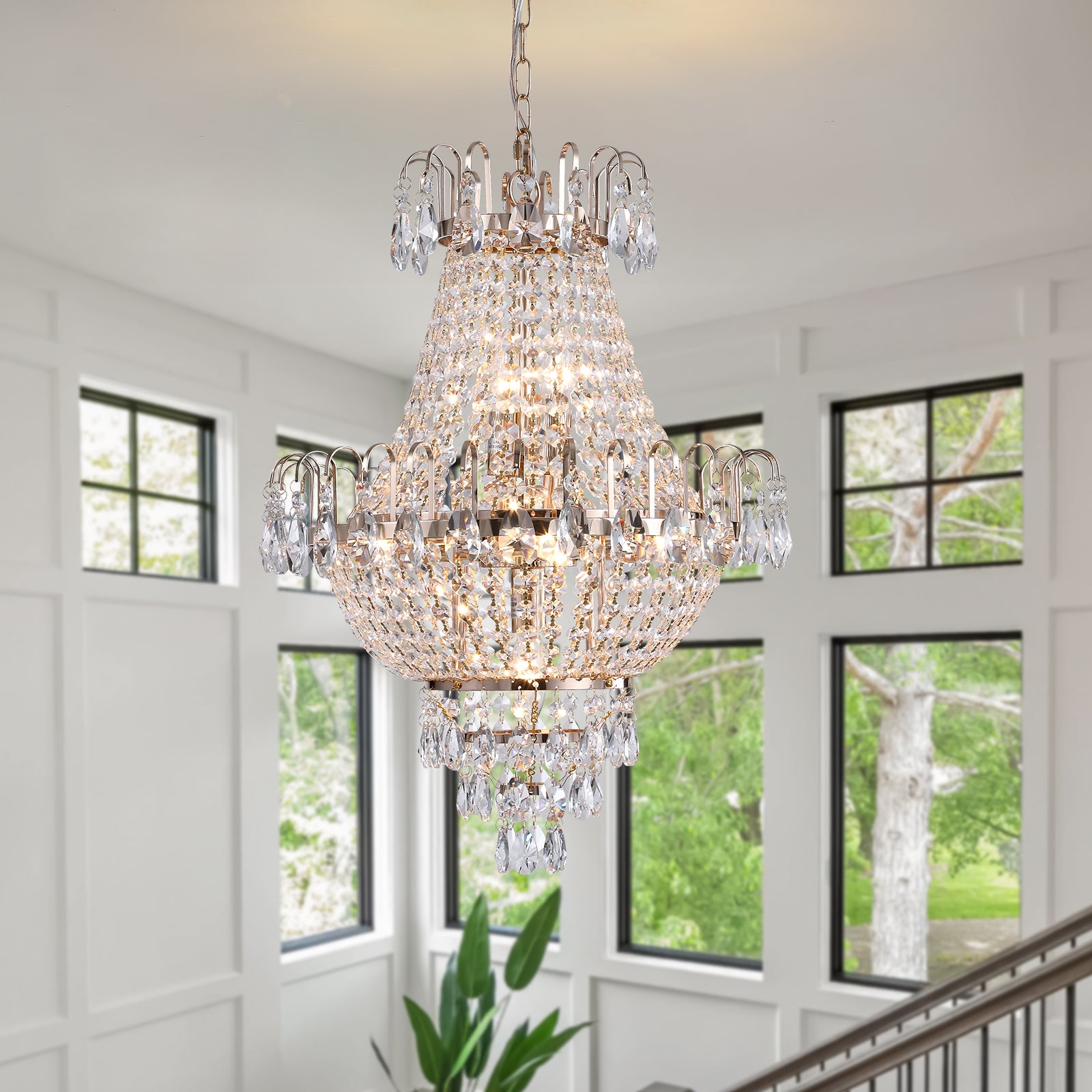 Gold Crystal Chandelier, Iron Frame, 17 In. Wide × 59 In. Tall