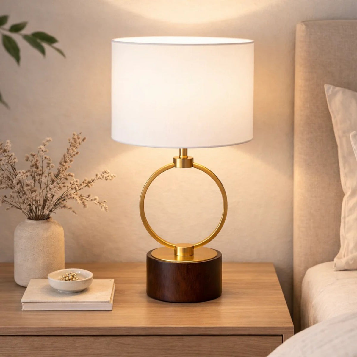 Nordic Grid Metal Table Lamp, Circular Warm Design, White, for Bedroom Nightstand — detail view