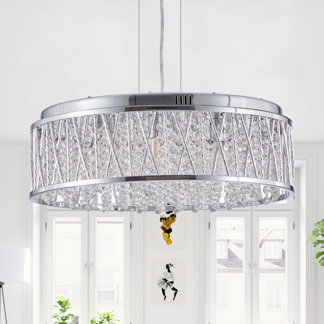 Modern Round Crystal Chandelier, Aluminum & Iron Frame, Chrome Finish, 19 in.