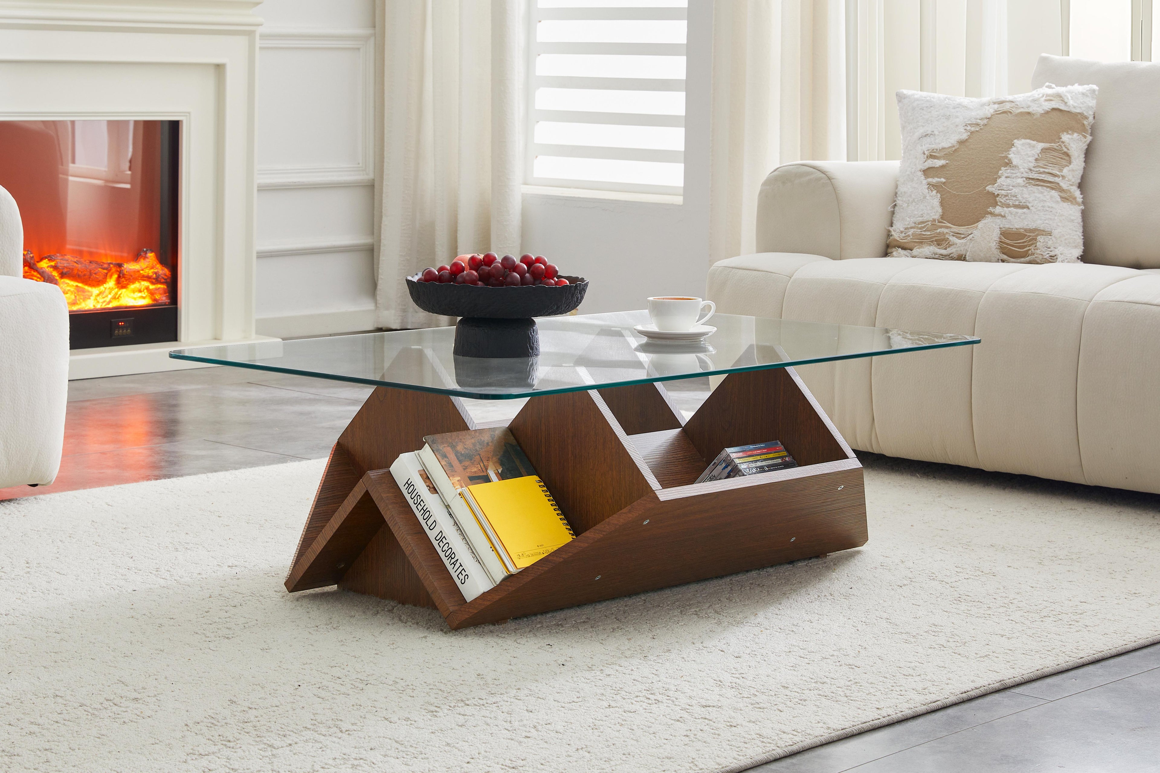 Walnut Multi-Storage Coffee Table with Tempered Glass Top