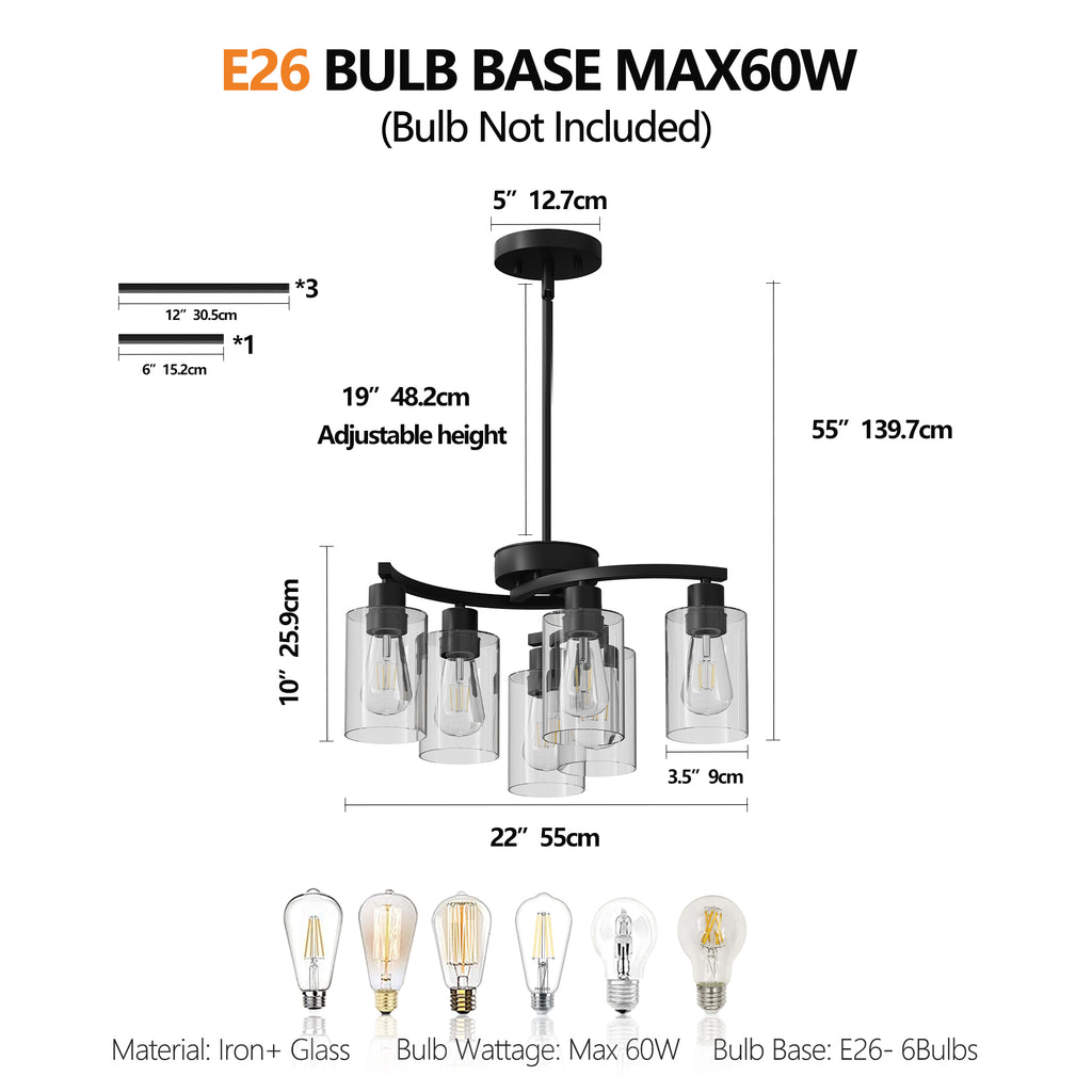 Modern Farmhouse Chandelier, 6-Light Matte Black