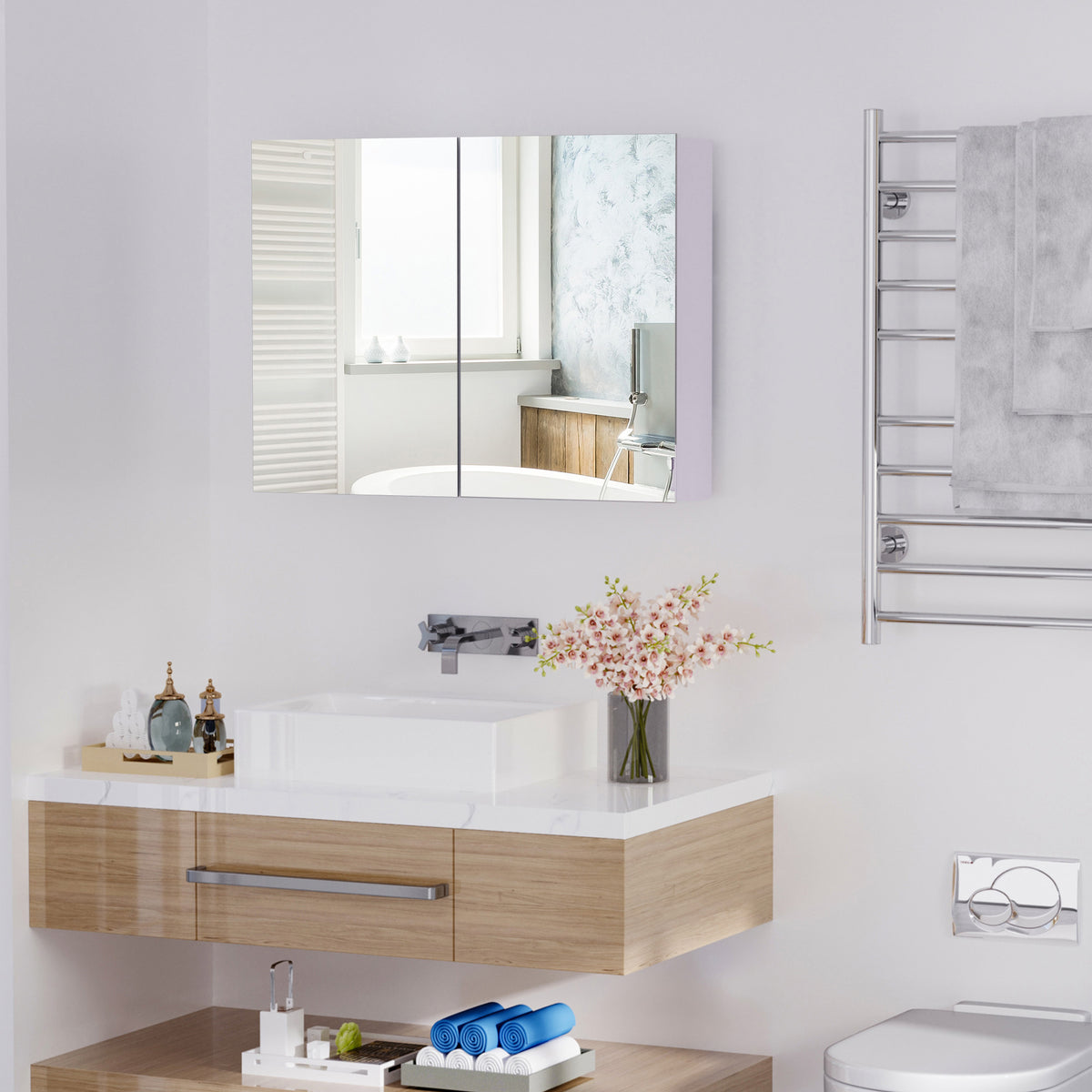 Double-Door Wall-Mounted Bathroom Medicine Cabinet with Mirror, White Storage Cabinet for Bathroom — detail view 6