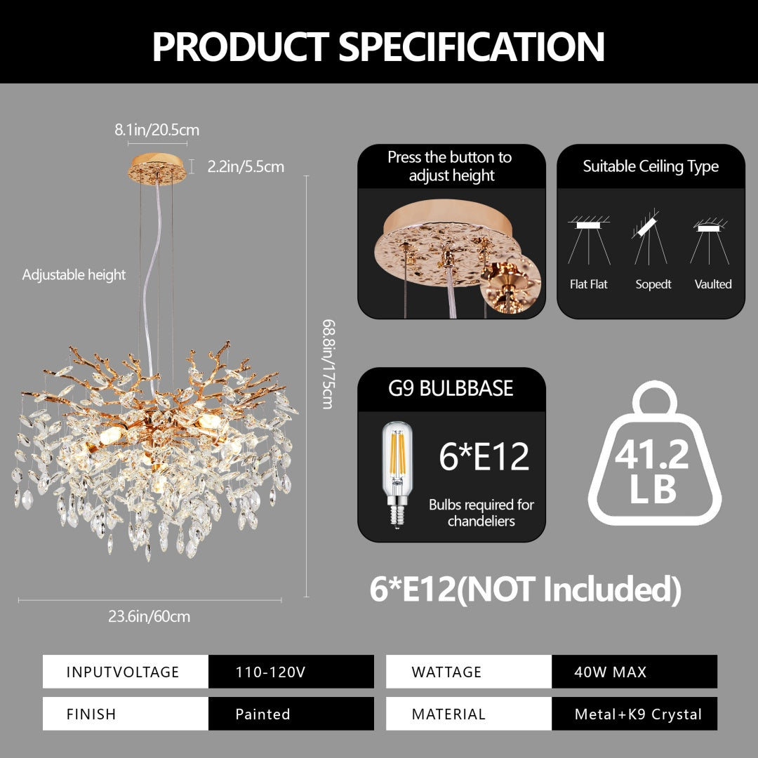 Gold Crystal Tree Branch Chandelier, Modern Luxury Pendant Light Fixture