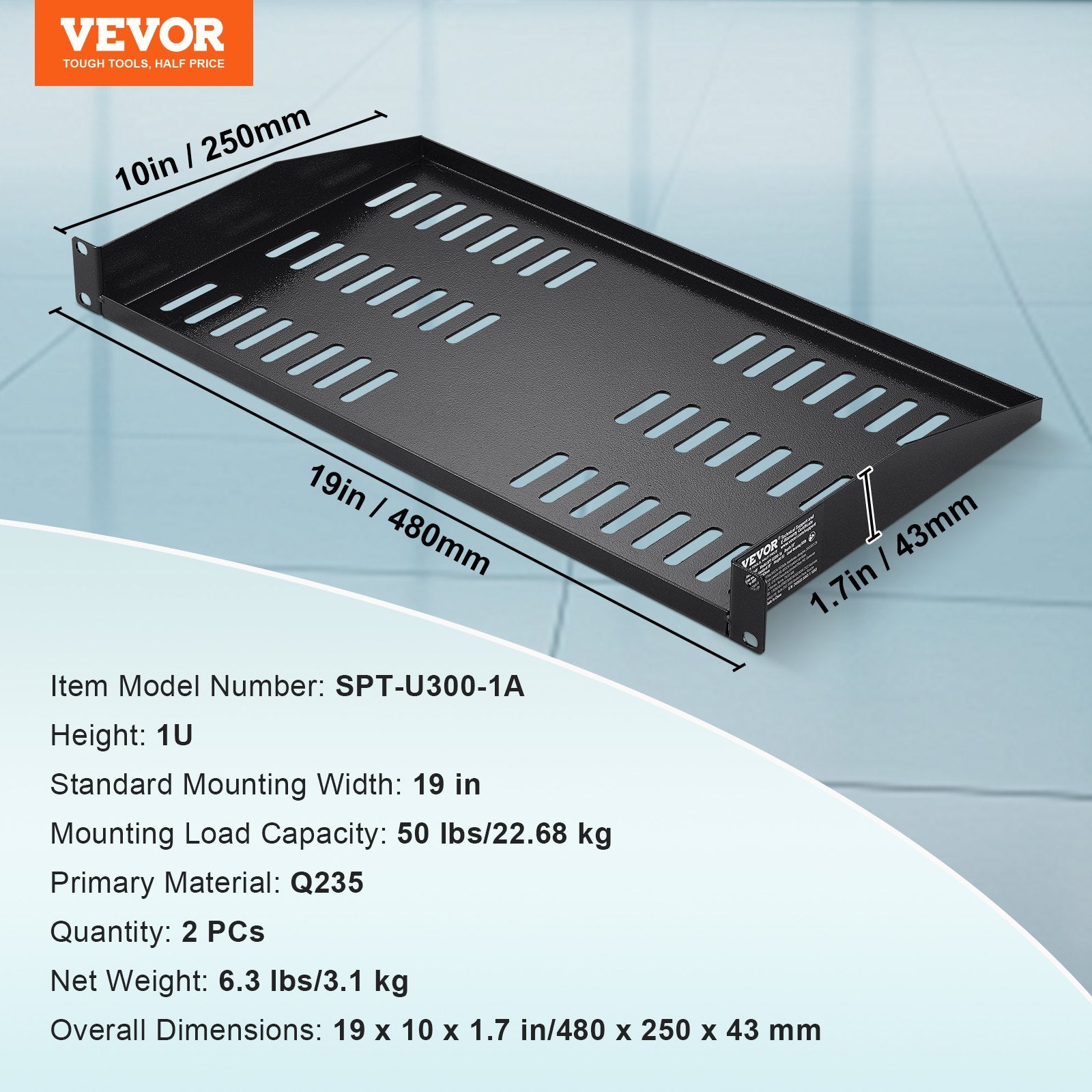 VEVOR 2PCS 1U Server Rack Shelf Depth Vented Rack Mount Shelf Tray