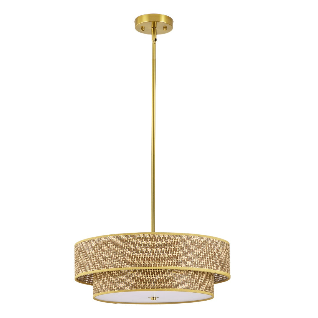 Boho Woven Rattan and Linen Drum Shade Semi-Flush Ceiling Light, 17.7 in. — detail view 2