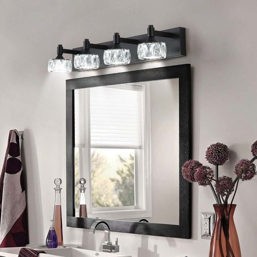 Crystal Glass Vanity Light, 4-Light Matte Black LED Bathroom Fixture