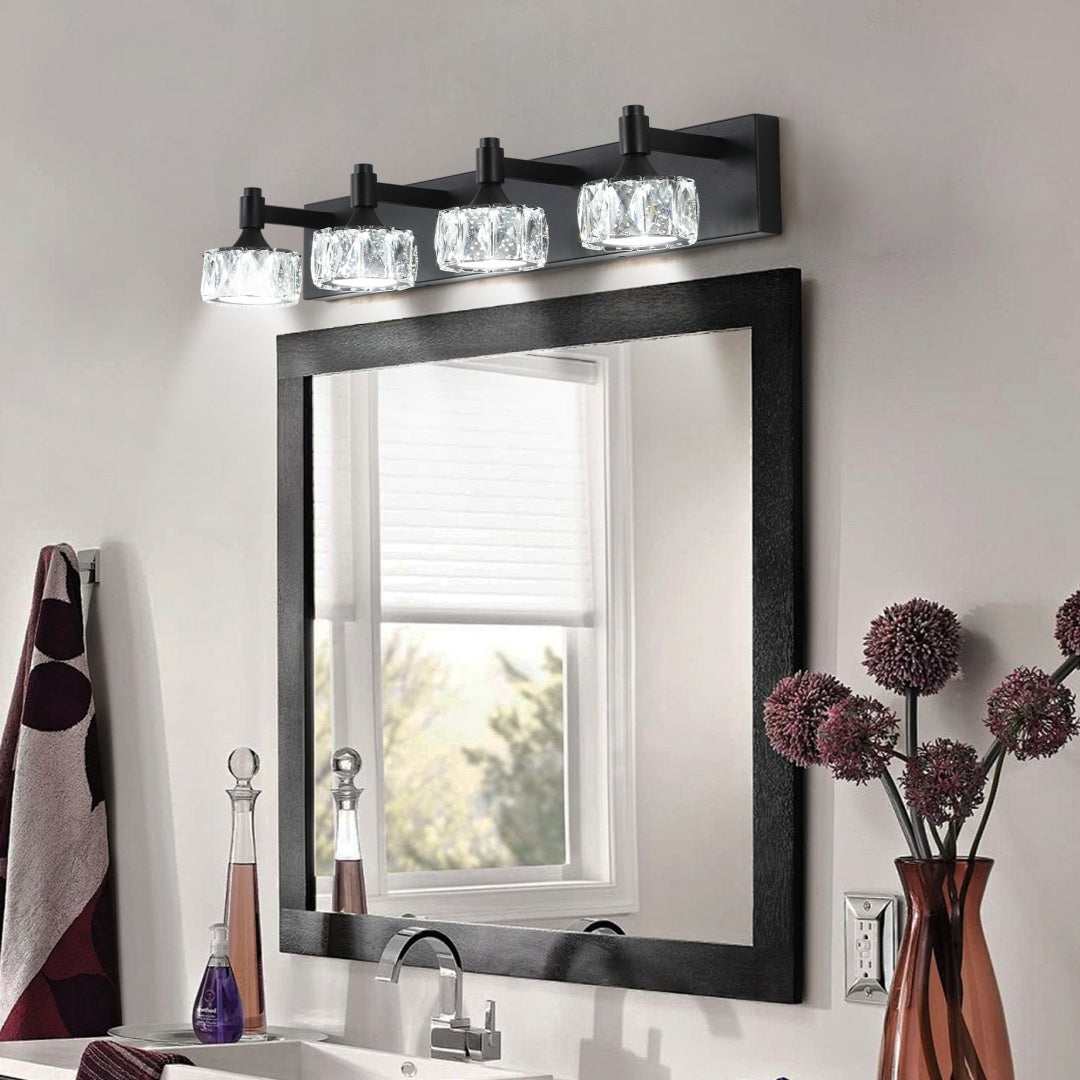 Crystal Glass Vanity Light, 4-Light Matte Black LED Bathroom Fixture