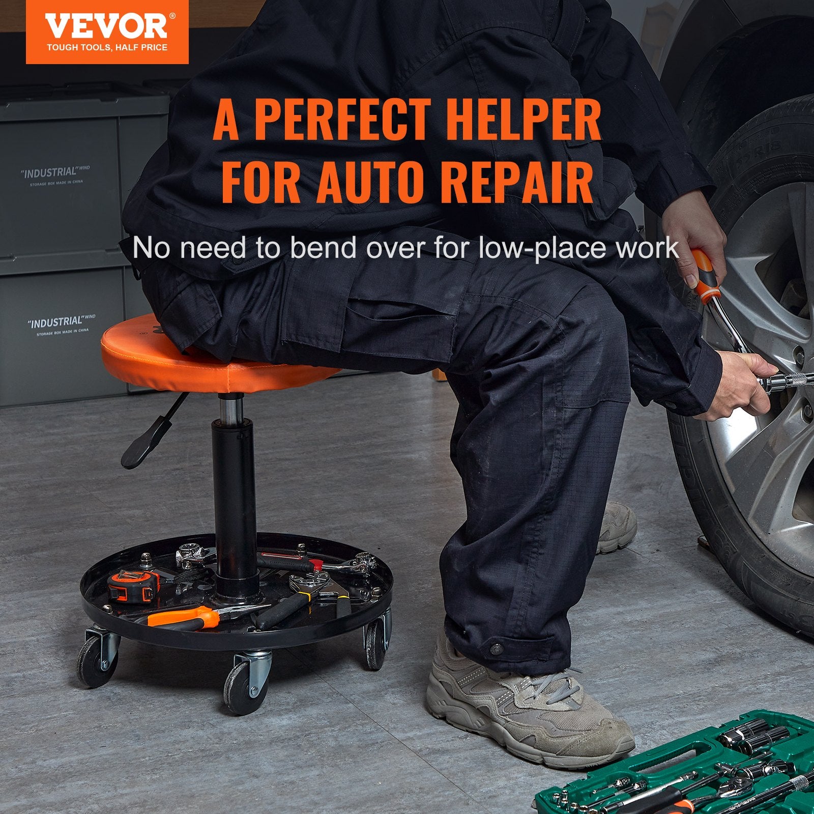 VEVOR Adjustable Mechanics Rolling Creeper Seat Stool Tool Tray For Sh