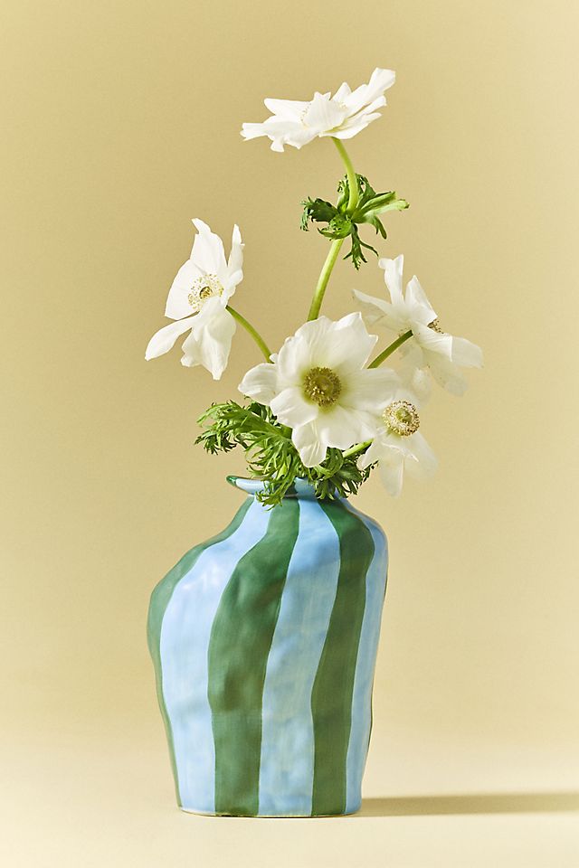 Striped Ceramic Flower Vase, Glossy Blue and Green, for Dining Table Centerpiece — detail view