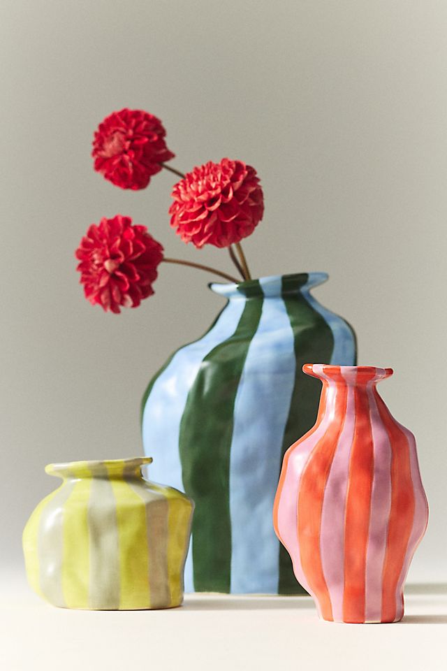 Striped Ceramic Flower Vase, Glossy Blue and Green, for Dining Table Centerpiece