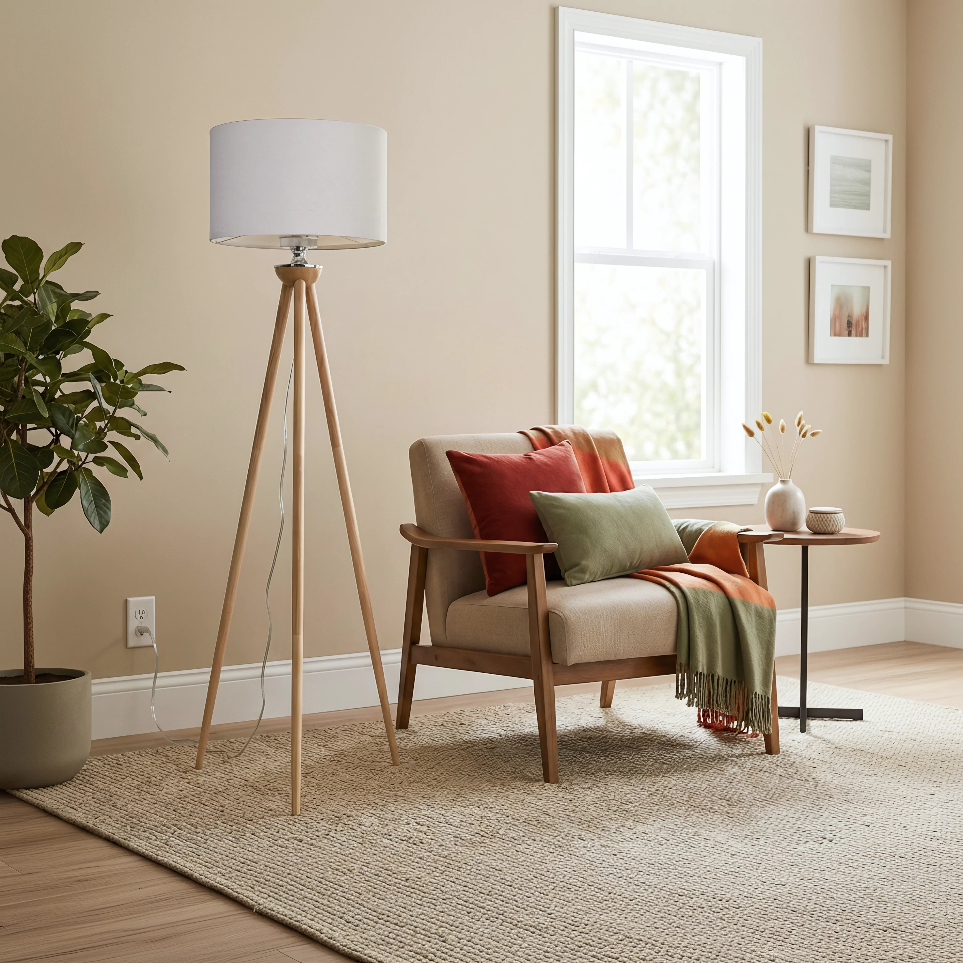 Tall Corner LED Floor Lamp, Three-Legged Wood Base, Brown Finish
