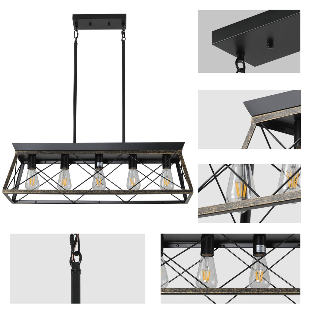 Black & Gold Industrial 5-Light Pendant Chandelier, Mesh Frame, 32 in.