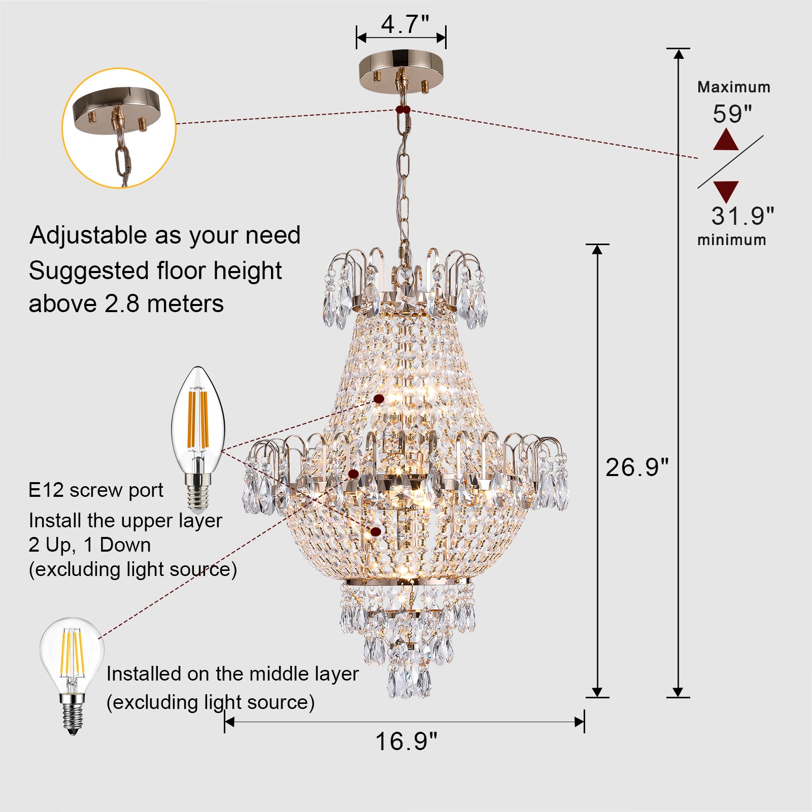 Gold Crystal Chandelier, Iron Frame, 17 In. Wide × 59 In. Tall