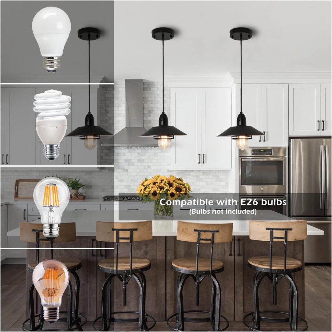 Rustic Farmhouse Pendant Light Fixture with Spring Adjustable Cord, Black and White — detail view