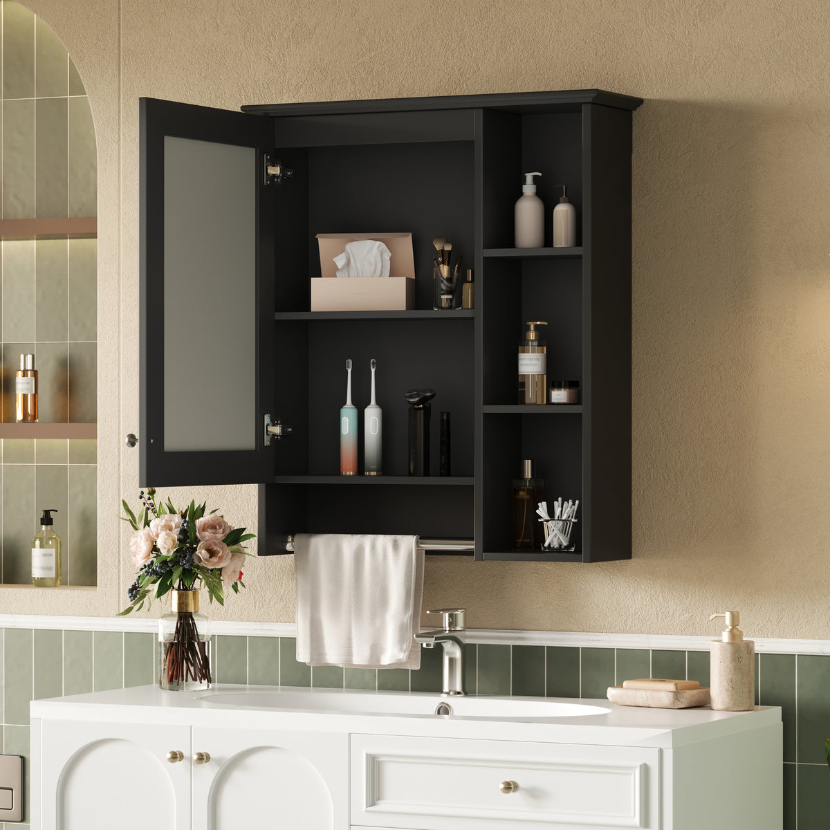 3-in-1 Bathroom Mirror Cabinet, Wall-Mounted Medicine Cabinet with Adjustable Shelf and Towel Bar, Black, 24 in. — detail view 2