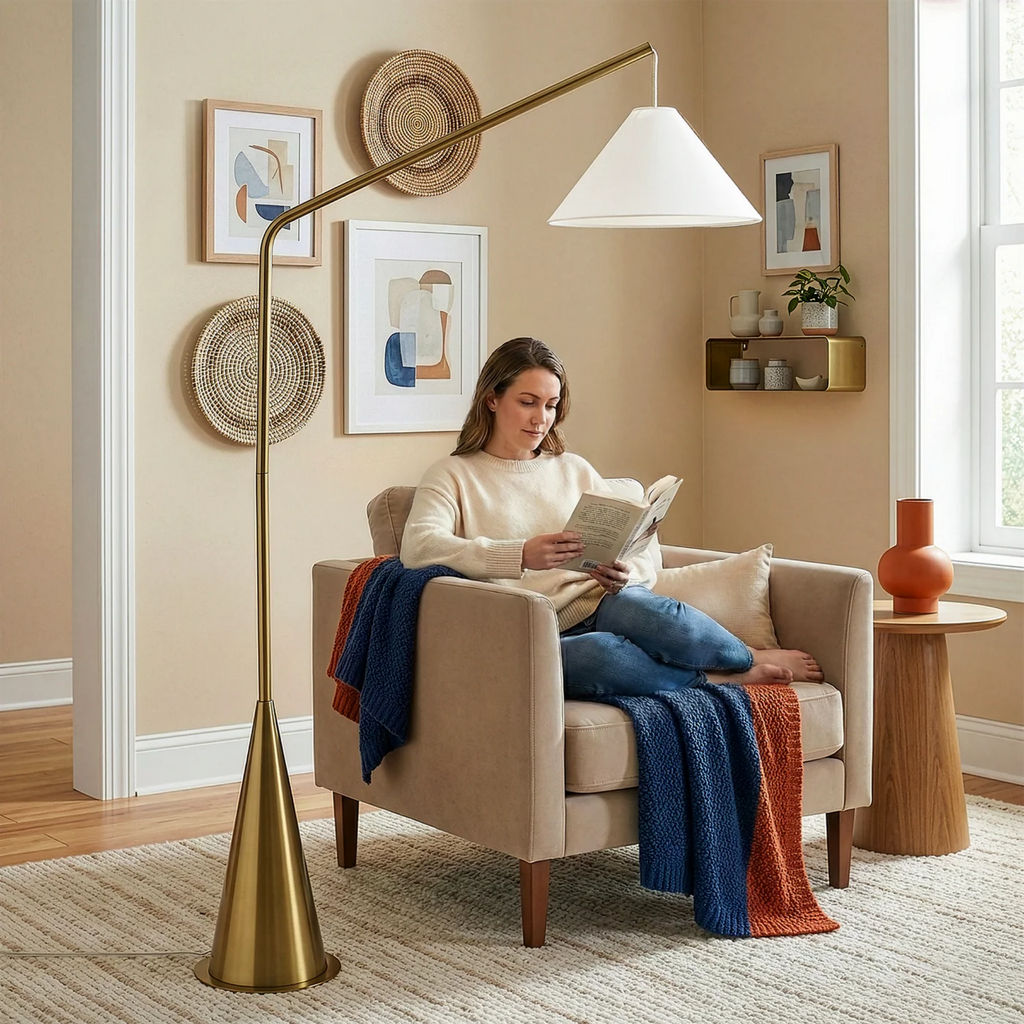 Black Floor Lamp, Coned Base, White Fabric Shade, Antique Brass Finish