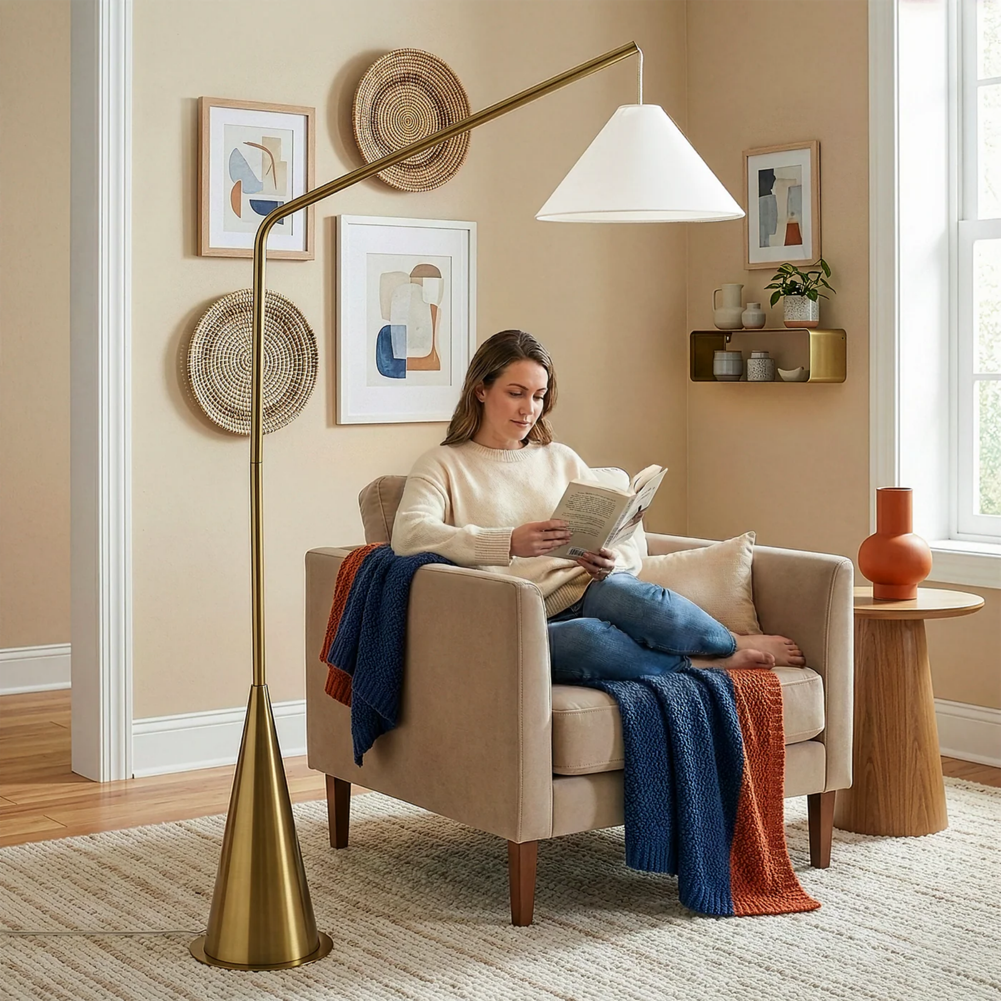 Black Floor Lamp, Coned Base, White Fabric Shade, Antique Brass Finish