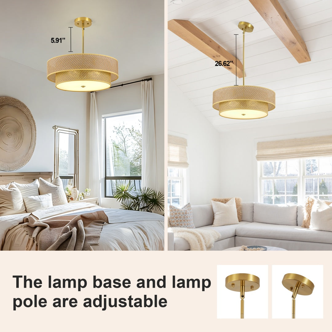 17.7 Inch Woven Rattan Linen Semi Embedded Ceiling Light Fixture