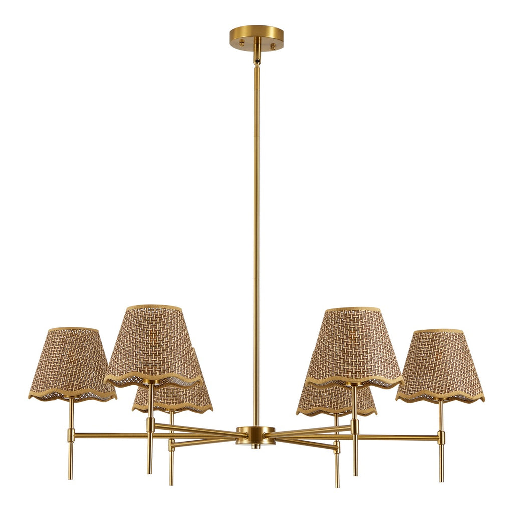 Boho Rattan 6-Light Chandelier, Handmade Woven Shade, Brass-Finished Rod, Large