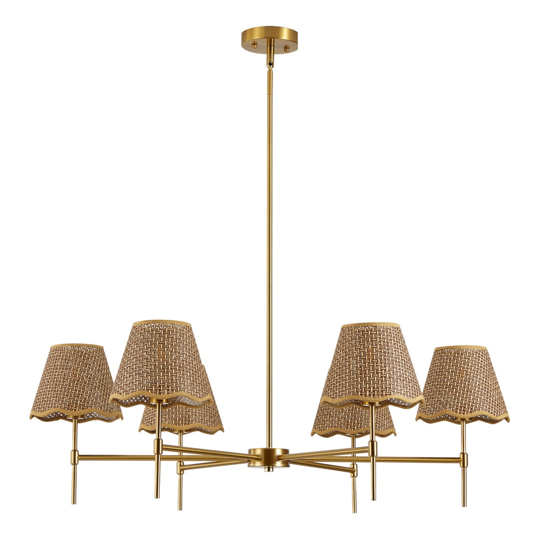 Boho Rattan 6-Light Chandelier, Handmade Woven Shade, Brass-Finished Rod, Large — detail view