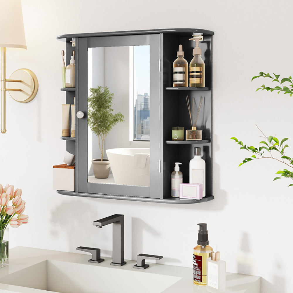 Wall-Mounted Bathroom Mirror Cabinet, Single Door with 4 Internal and 6 Open Shelves, White or Gray — Gray