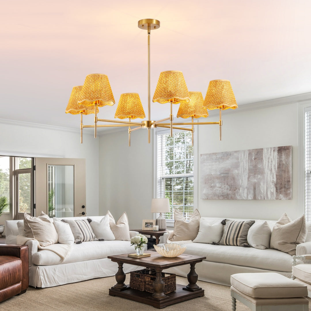 Boho Rattan 6-Light Chandelier, Handmade Woven Shade, Brass-Finished Rod, Large