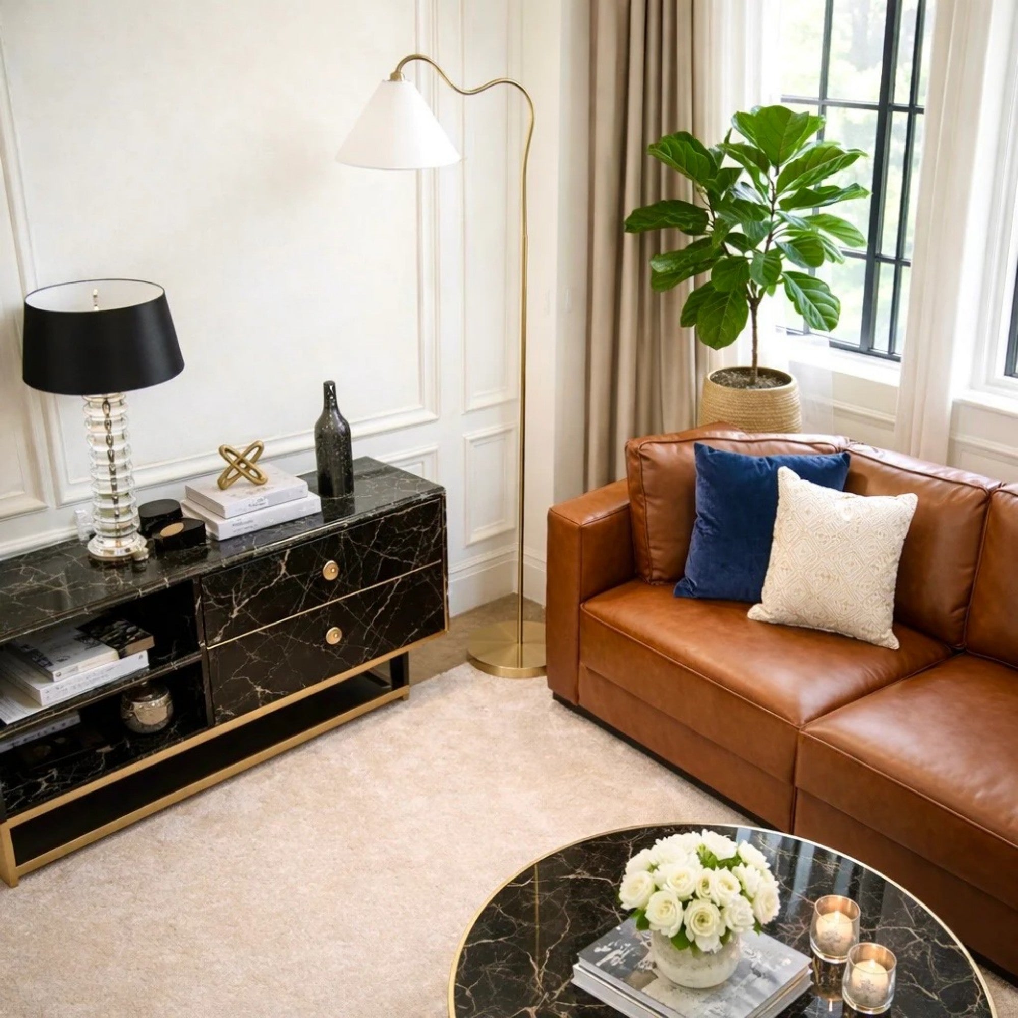 Curved Brass Floor Lamp, Ring Base, Triangle Drum Shade, Gold & White Finish