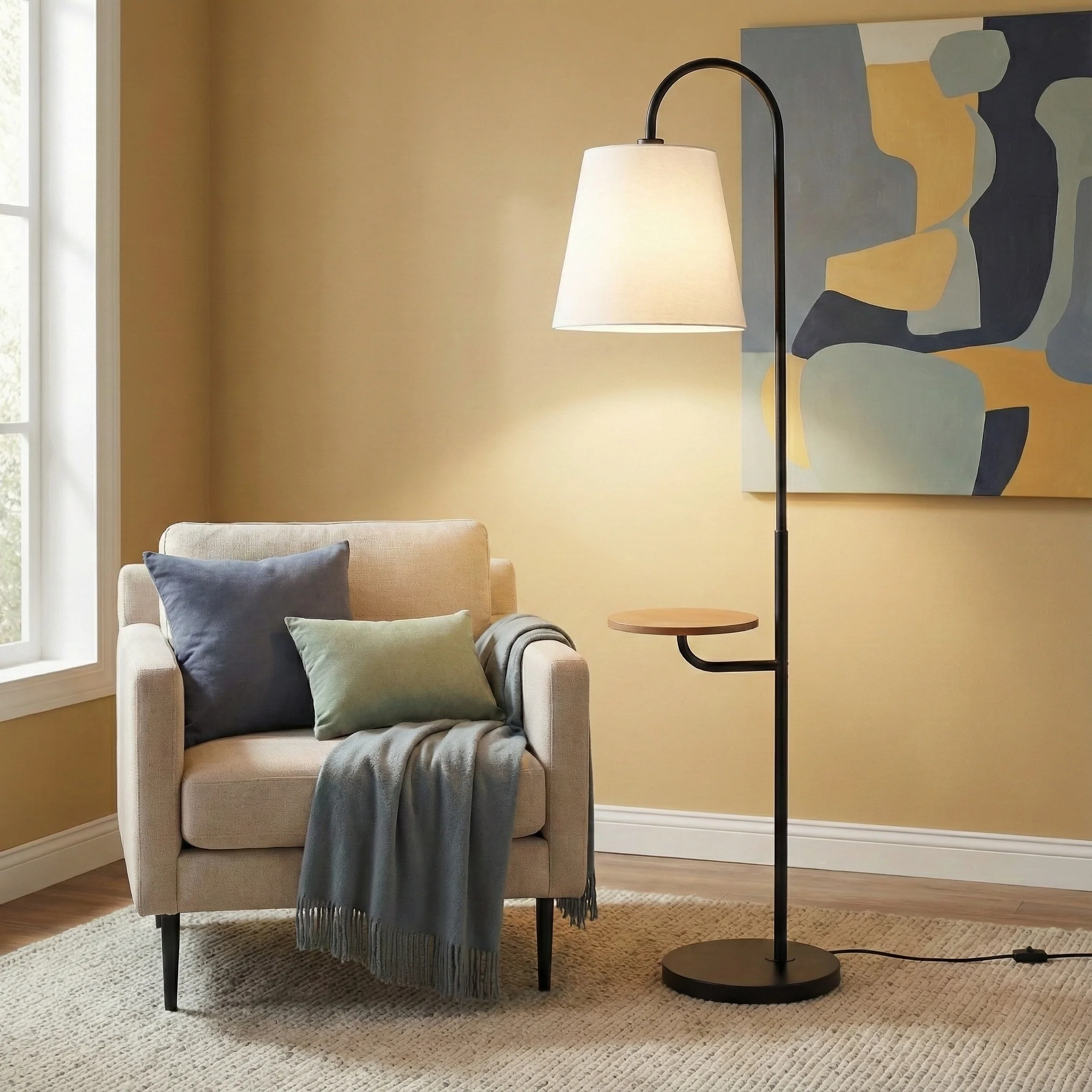 Black Wood Floor Lamp with Table, Rotary Switch, Linen Shade, Metal Base