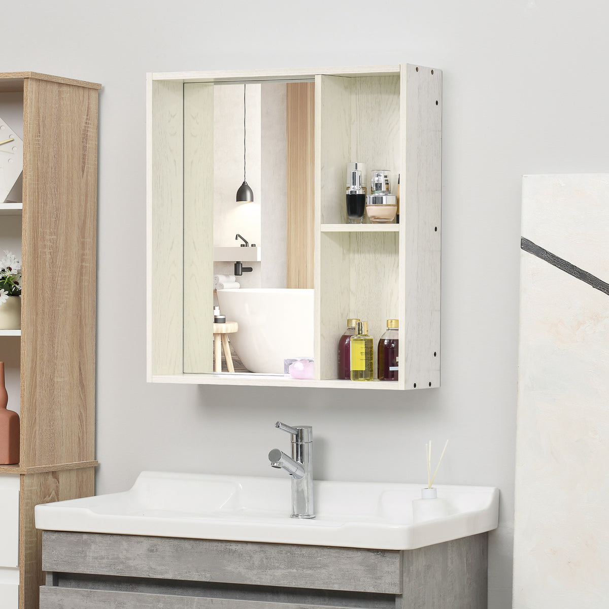 Bathroom Medicine Cabinet with Mirror Door, Wall-Mounted Storage, White, 24.75 x 25.5 in. — detail view 2