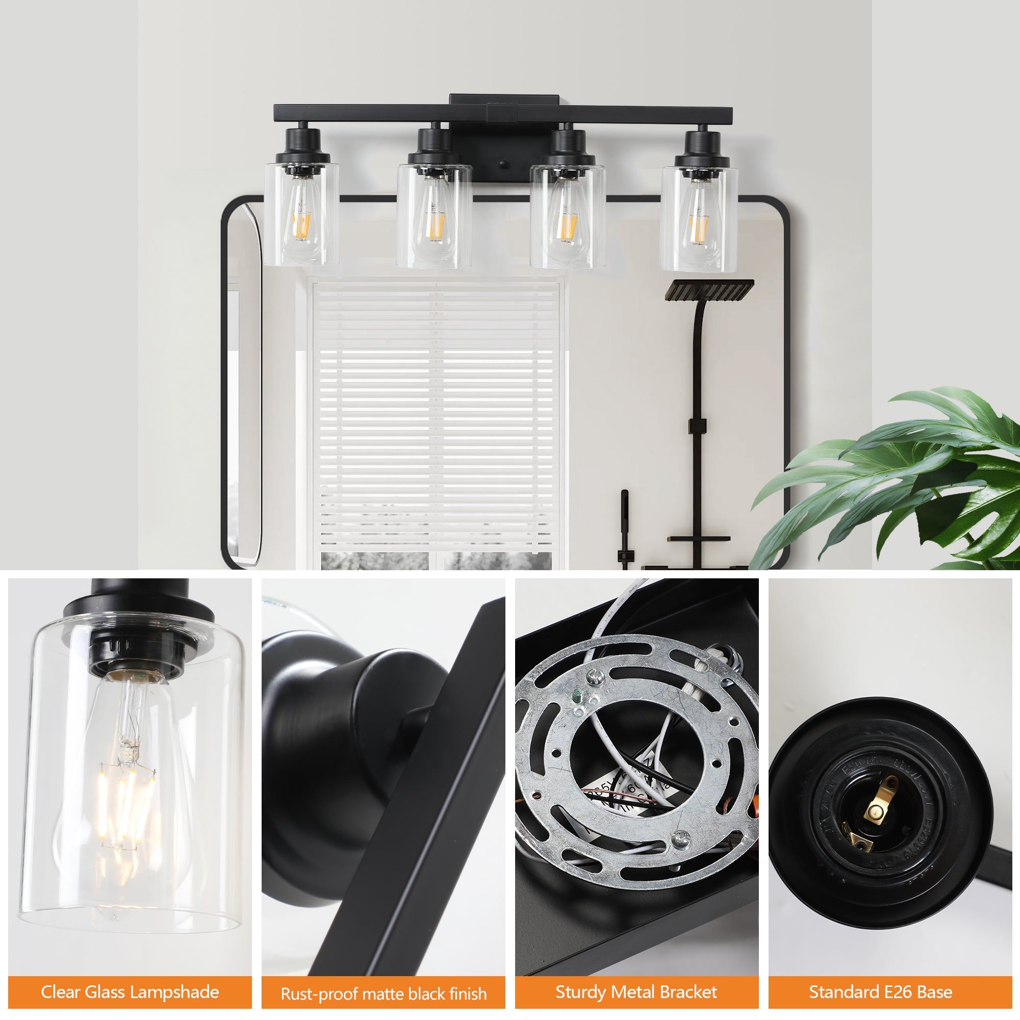 24 Modern Black 4-Light Bathroom Vanity Light Fixture