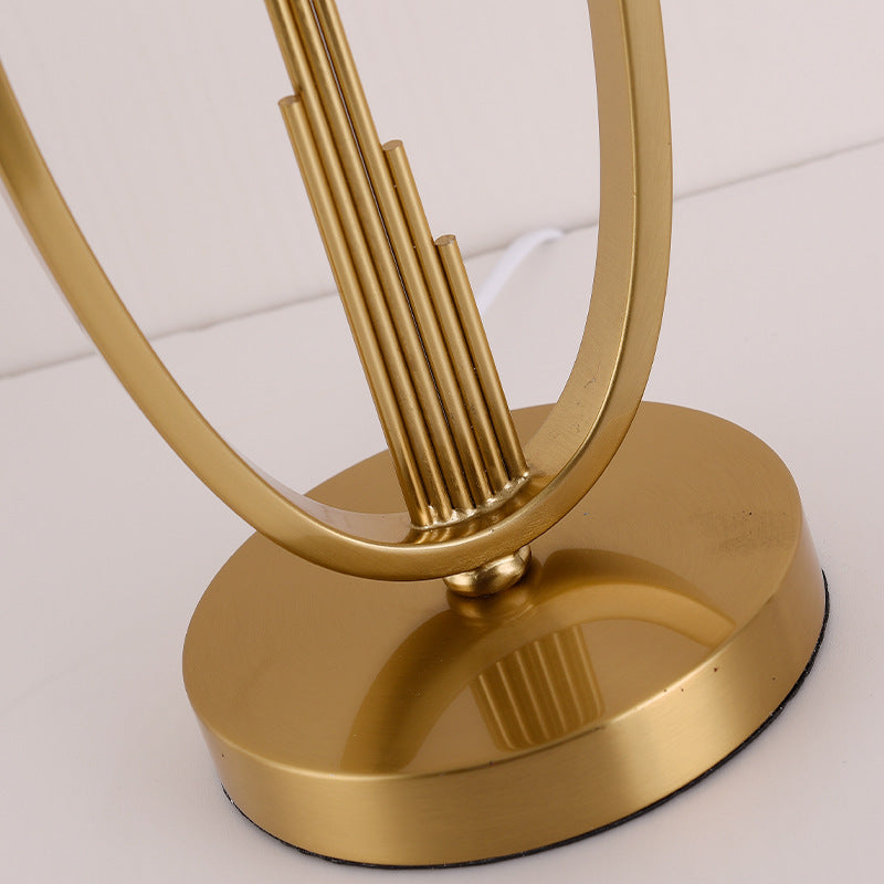 Art Deco Brass Hoop Table Lamp, White Shade with Gold Edge