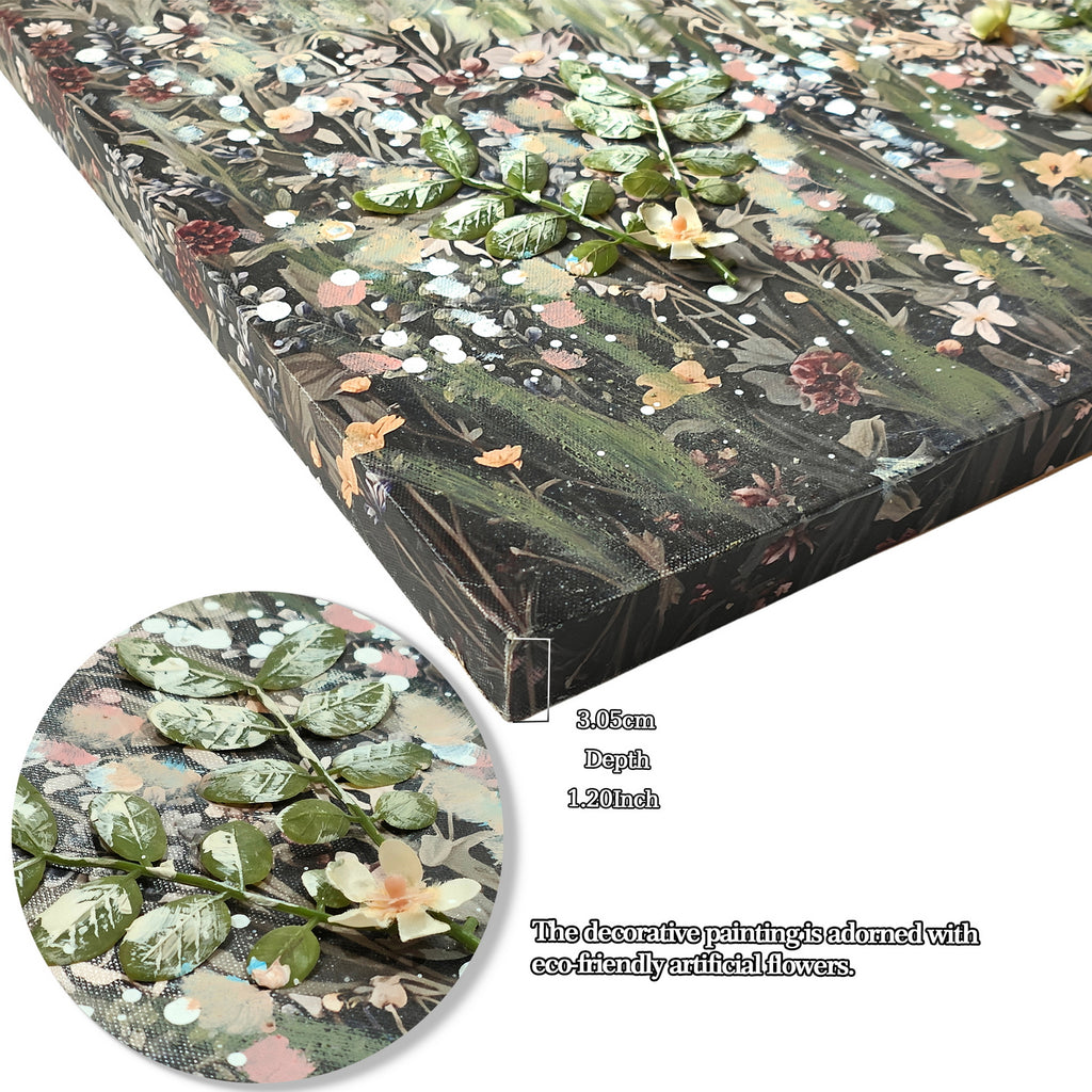 Vintage Framed Canvas Wall Art, Floral Meadow Landscape Print, Green and Ivory, for Living Room — detail view 2
