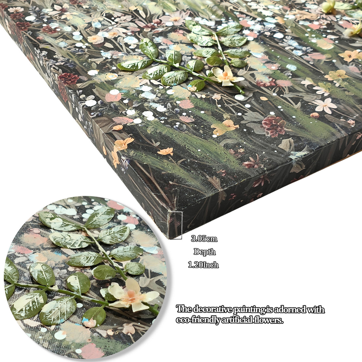 Vintage Framed Canvas Wall Art, Floral Meadow Landscape Print, Green and Ivory, for Living Room — detail view 2