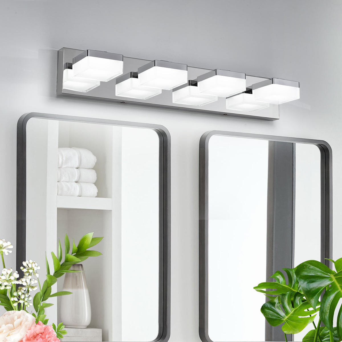Modern LED Chrome Vanity Light Bar, Geometric Lamp Heads for Powder Room Mirror — detail view 2